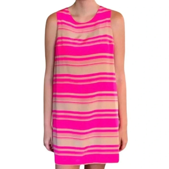 Amanda Uprichard 100% Silk Neon Yellow and Tan Striped Mini Shift Dress Size S - Picture 2 of 10